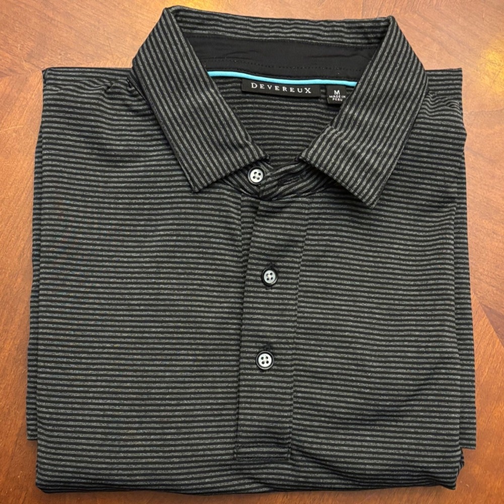 Devereux | Mens M Polo Shirt | Gray Black Striped Golf Performance Short Sleeve